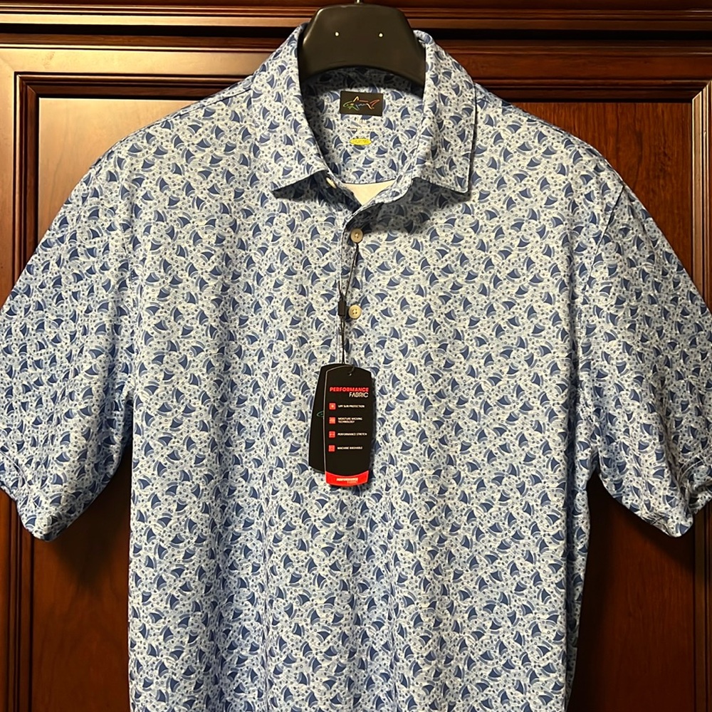 Brand New Greg Norman Sharks 🦈 Classic Blue & White Stretch UPF Golf Polo 👕